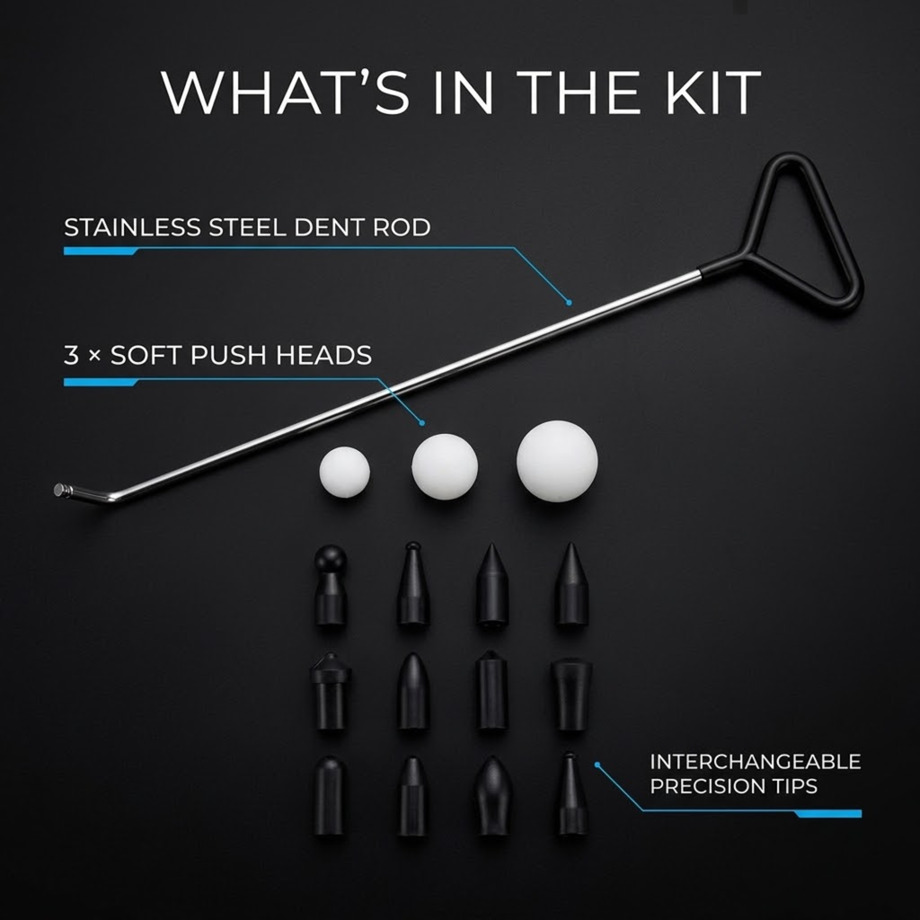 Dent Removal Rod Kit contents on black: stainless steel dent rod, three soft push heads and 12 interchangeable precision tips