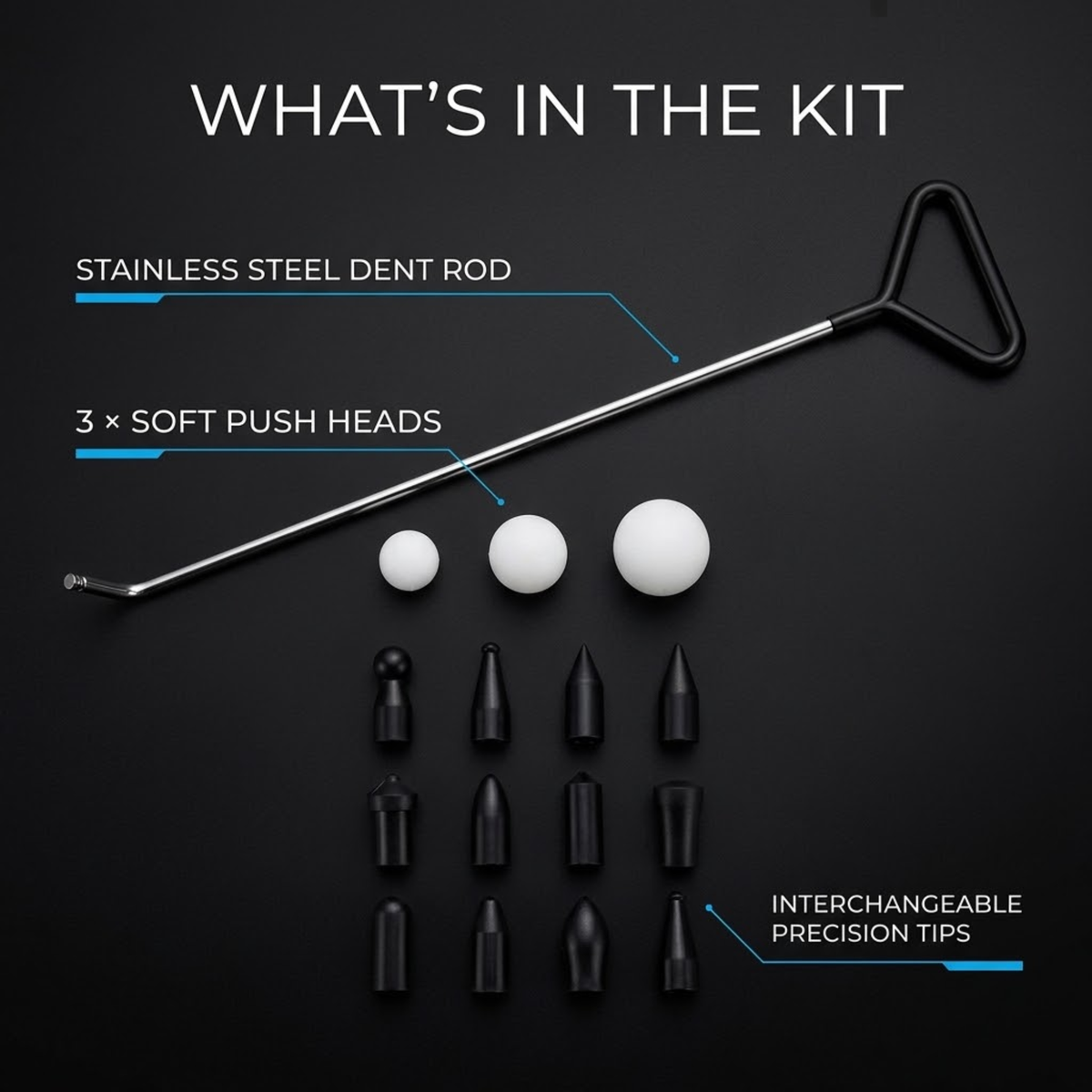 Dent Removal Rod Kit contents on black: stainless steel dent rod, three soft push heads and 12 interchangeable precision tips