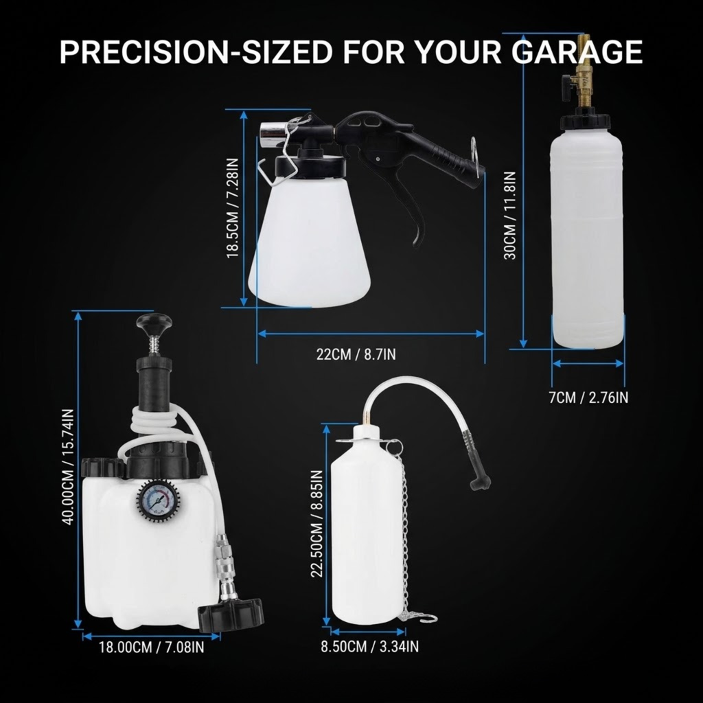 Four white and black precision spray gunnozzles with dimension labels and force measurements on a black background, under the text 'PRECISION-SIZED FOR YOUR GARAGE'.