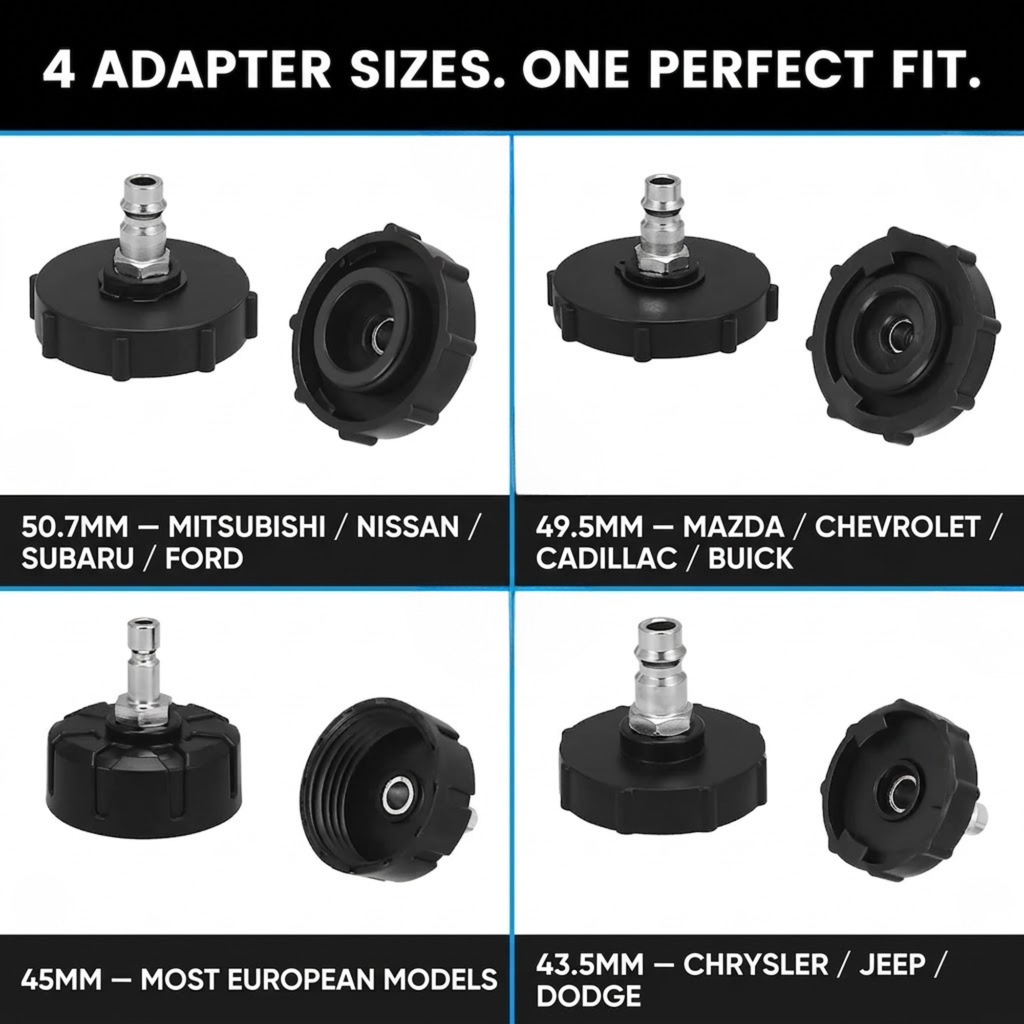 A product information graphic showing four black hose adapter nozzles arranged in a 2x2 grid with text labels for different connector sizes and compatible vehicles. The top text reads '4 ADAPTER SIZES.