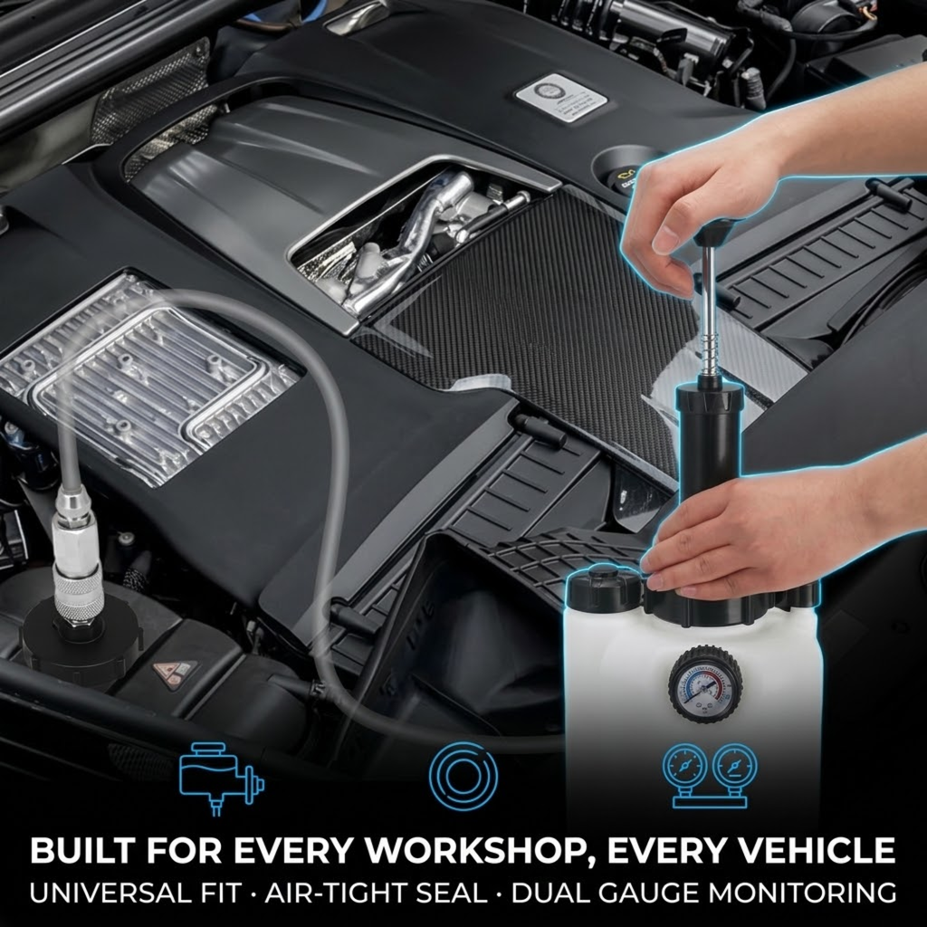 A person using a handheld engine vacuum pump on a car engine bay, with the vacuum hose connected to a reservoir. The image includes text and icons emphasizing universal fit, air-tight seal, and dual gauge monitoring.