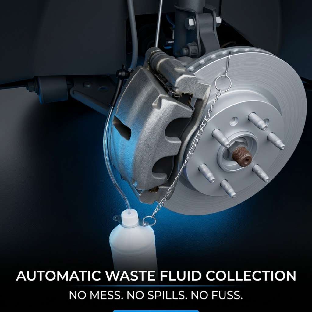 Close-up of a brake rotor and caliper assembly with a bottle connected by tubing, under a dark automotive setting. Text at the bottom reads: 'AUTOMATIC WASTE FLUID COLLECTION' and 'NO MESS.