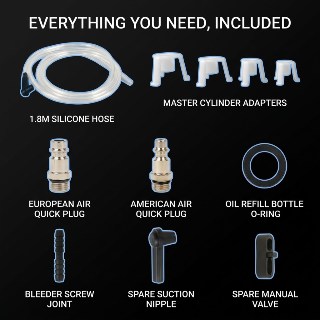 A product accessory kit displayed on a black background with labeled items: a 1.8m silicone hose, four master cylinder adapters, a European air quick plug, an American air quick plug, an oil refill bottle O-ring, a bleeder screw joint, a spare suction nipple, and a spare manual valve.
