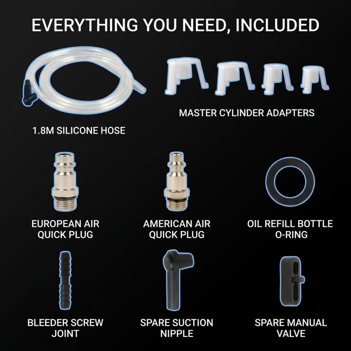 A product accessory kit displayed on a black background with labeled items: a 1.8m silicone hose, four master cylinder adapters, a European air quick plug, an American air quick plug, an oil refill bottle O-ring, a bleeder screw joint, a spare suction nipple, and a spare manual valve.