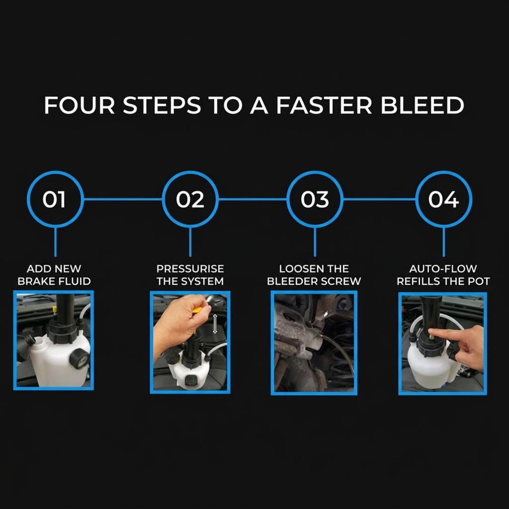 Instruction graphic titled 'FOUR STEPS TO A FASTER BLEED' on a black background, showing a four-step brake fluid bleeding process with numbered circles and small photos of hands and tools.