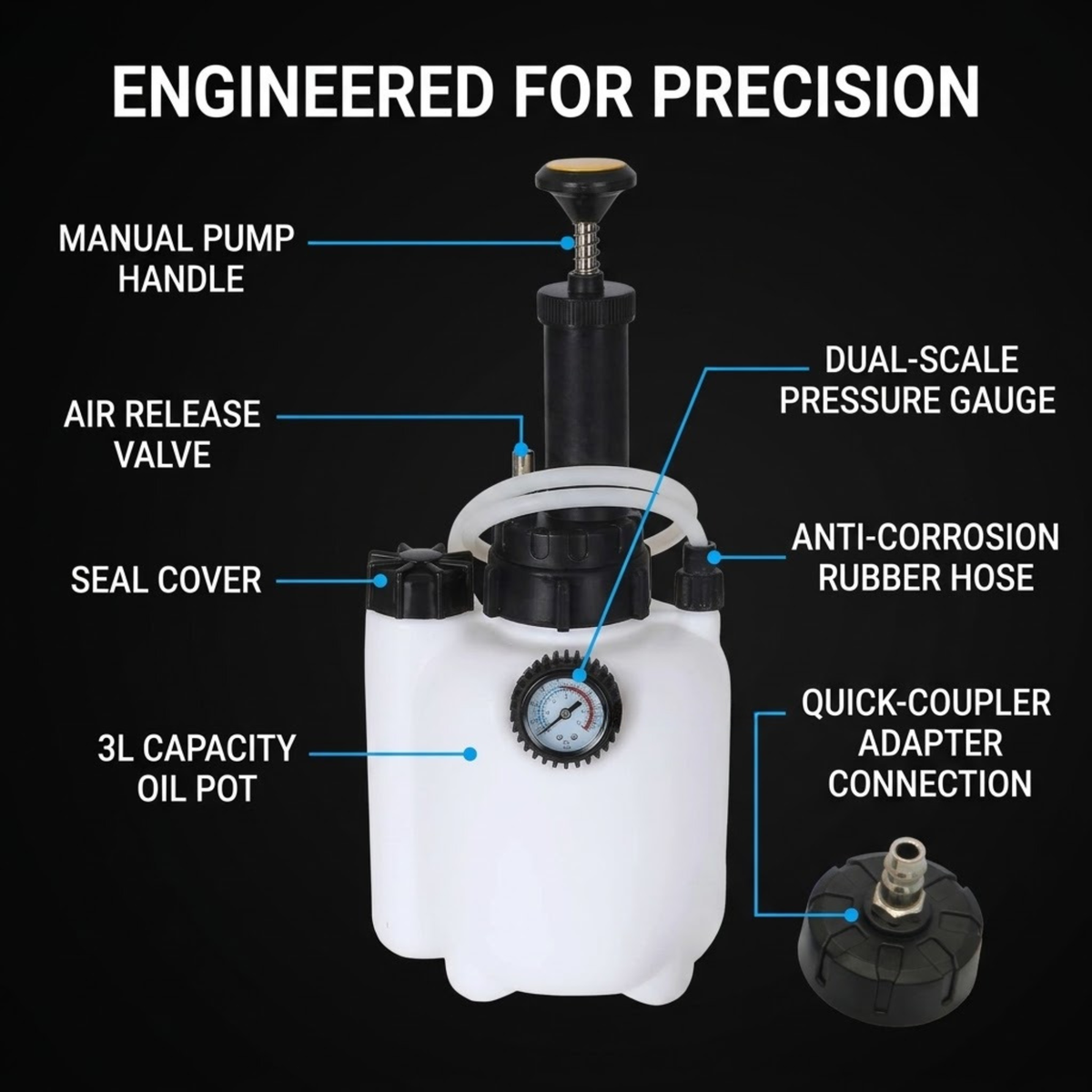 A 3L precision oil pump bottle with a white body, black pump assembly, and pressure gauge, shown on a black background with multiple labeled callouts explaining its features.