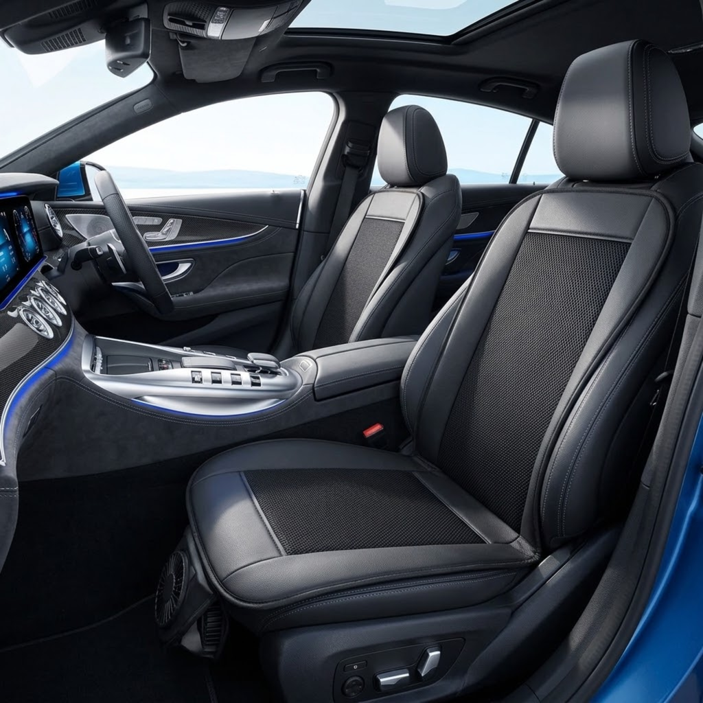 Black leather car seat covers installed on the front seats of a luxury vehicle interior, featuring a textured center panel and smooth outer upholstery.