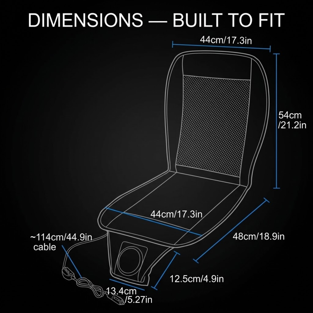 A black background with white line drawing of a chair plus blue dimension labels and text reading “DIMENSIONS — BUILT TO FIT,” showing measurements for width, height, depth, and cable length.
