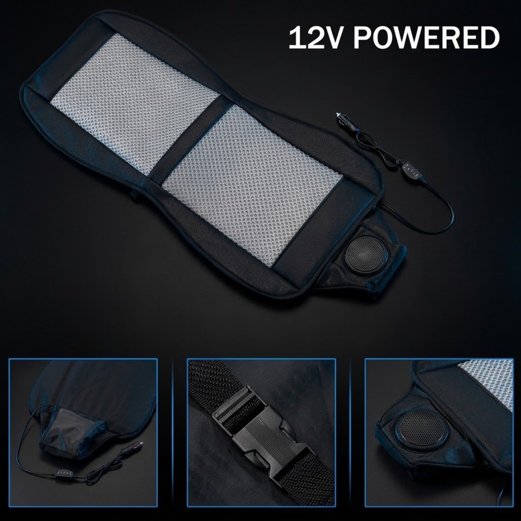 A 12V heated car seat cushion shown on a dark background, with three detail inset images along the bottom showing the drawstring pouch, buckle closure, and heating element. The text '12V POWERED' appears at the top right.