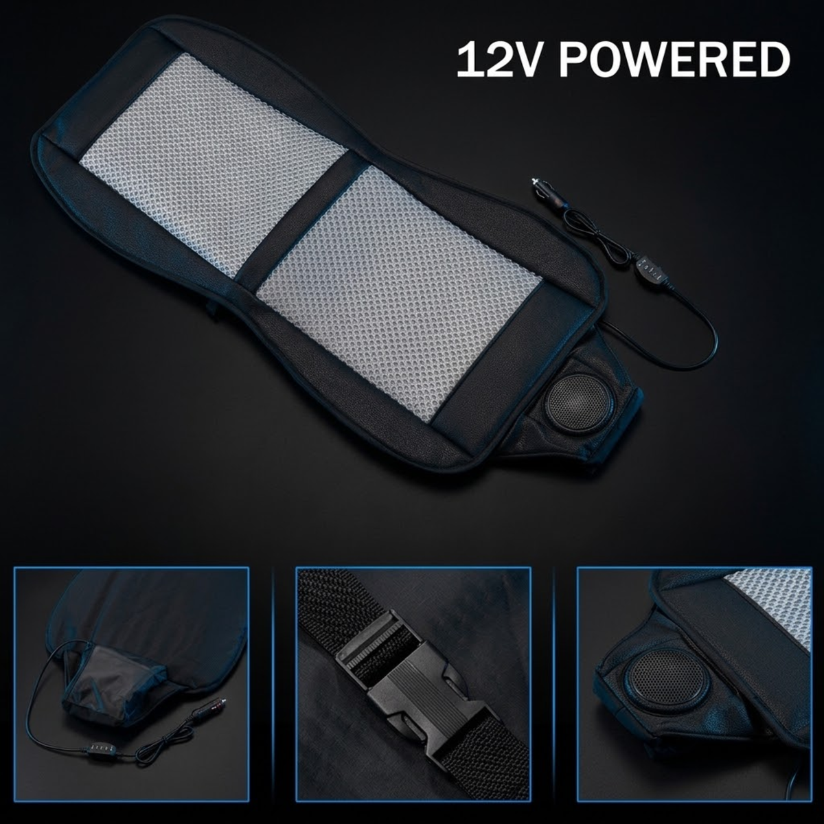 A 12V heated car seat cushion shown on a dark background, with three detail inset images along the bottom showing the drawstring pouch, buckle closure, and heating element. The text '12V POWERED' appears at the top right.