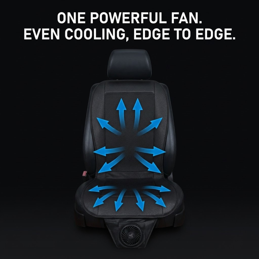 A black car seat with blue airflow arrows showing cooling direction and white text at the top reading 'ONE POWERFUL FAN. EVEN COOLING, EDGE TO EDGE.