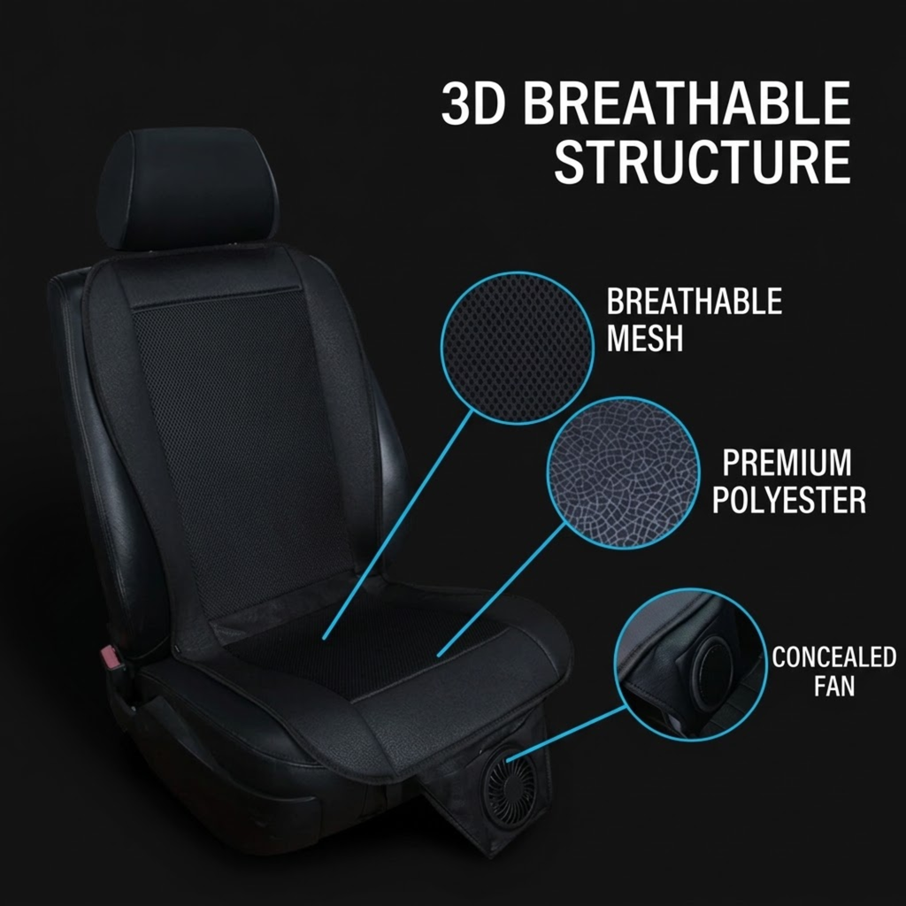 Black car seat with a built-in fan and three callout circles labeled 'Breathable Mesh,' 'Premium Polyester,' and 'Concealed Fan,' under the heading '3D Breathable Structure' on a black background.