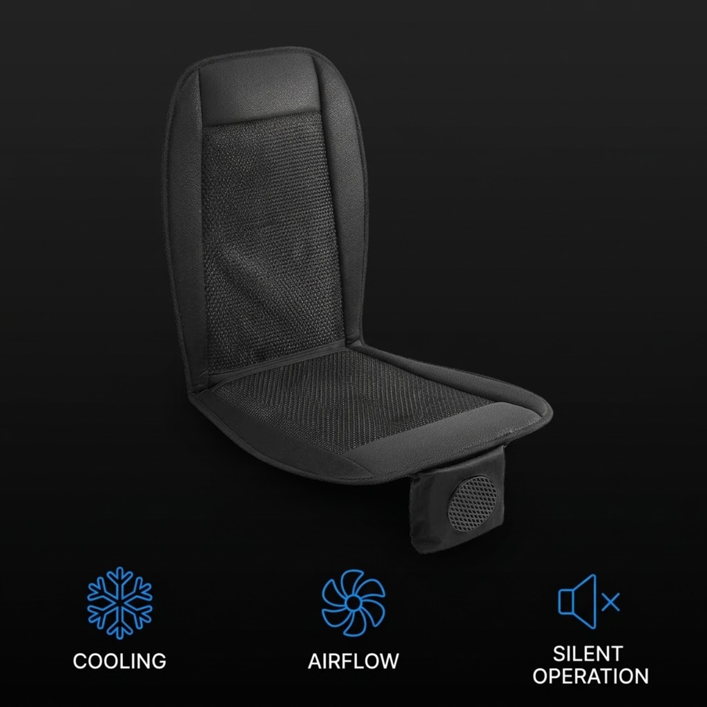 A black mesh and fabric car seat cooling pad with an integrated side speaker, shown on a dark background with feature icons for cooling, airflow, and silent operation.