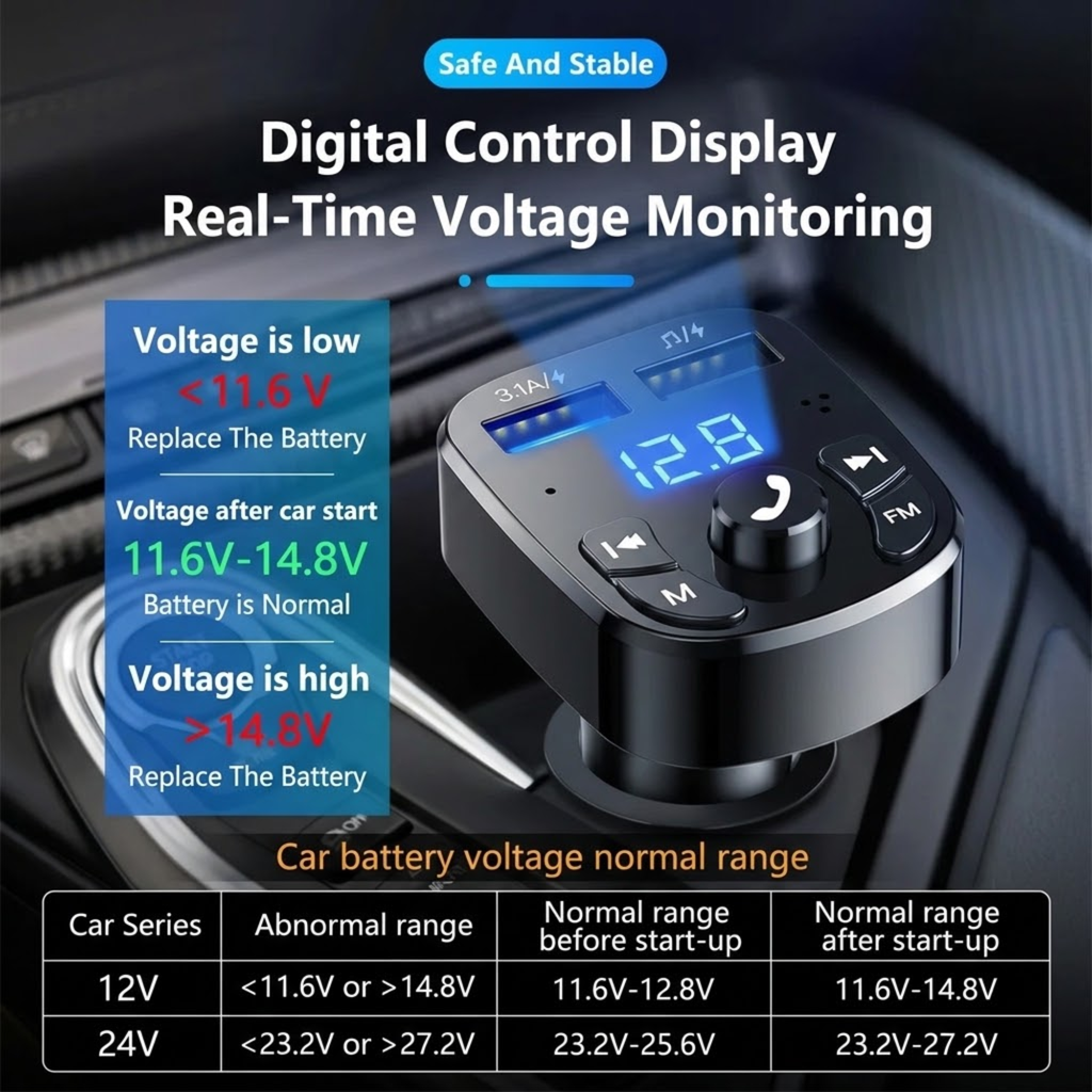 Voltmeter Bluetooth FM Transmitter real-time battery voltage display with normal voltage ranges for 12V and 24V vehicles