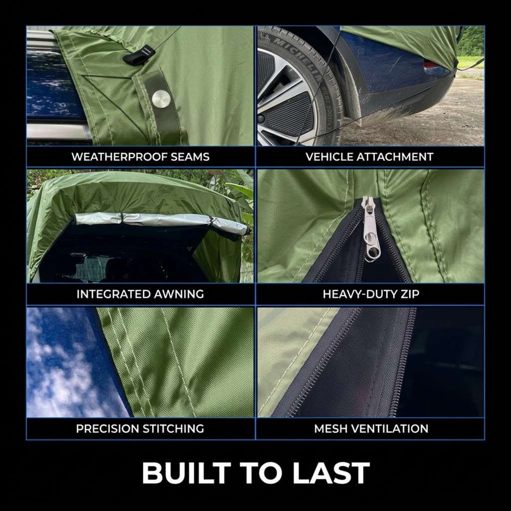 A six-panel feature collage showing close-up details of an olive green tent or awning attached to a vehicle. Text labels identify weatherproof seams, vehicle attachment, integrated awning, heavy-duty zipper, precision stitching, and mesh ventilation.