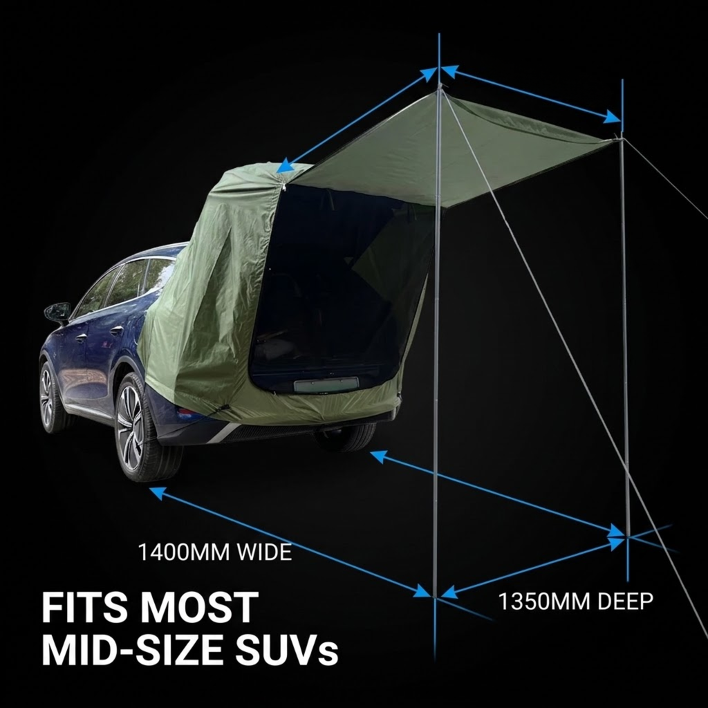 An olive green car tent shown attached to the rear hatch of a blue SUV on a black background, with blue arrows and text indicating dimensions: 1400mm wide and 1350mm deep. The text also reads 'FITS MOST MID-SIZE SUVs'.