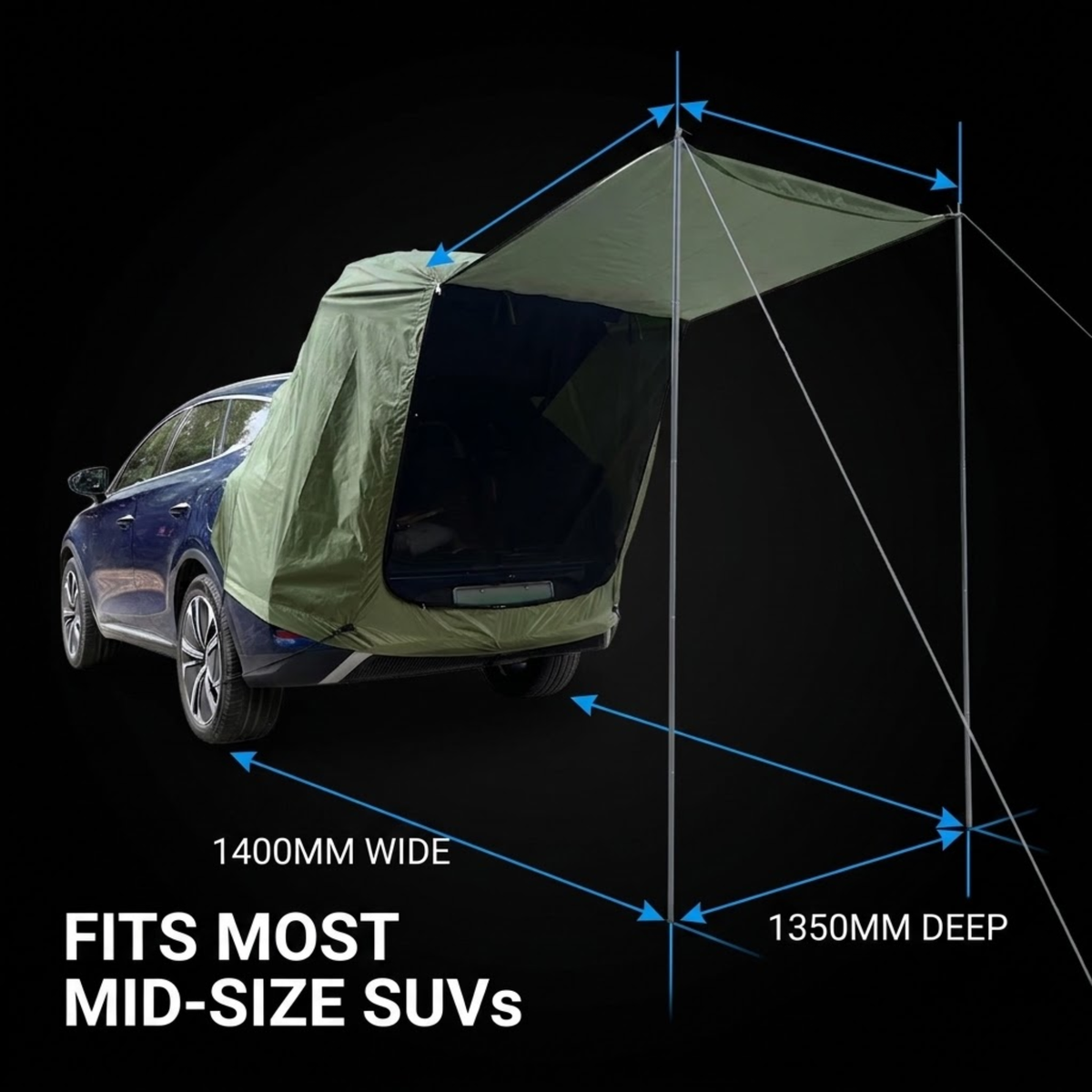 An olive green car tent shown attached to the rear hatch of a blue SUV on a black background, with blue arrows and text indicating dimensions: 1400mm wide and 1350mm deep. The text also reads 'FITS MOST MID-SIZE SUVs'.