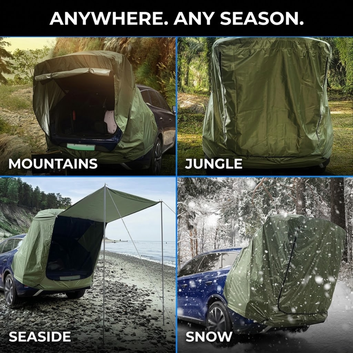 A four-panel collage showing an olive green car cover tent fitted over the rear of a blue car in different outdoor settings: mountains, jungle, seaside, and snow. Large text at the top reads 'ANYWHERE.