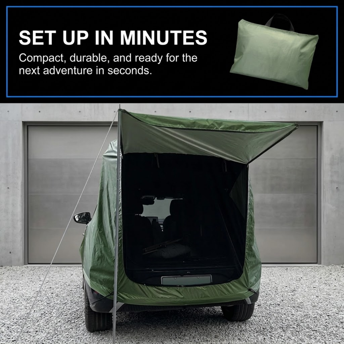 An olive green car cover tent shown attached to the open rear of a vehicle in a driveway, with a black text banner at the top reading 'SET UP IN MINUTES' and a small inset of the tent packed and folded.