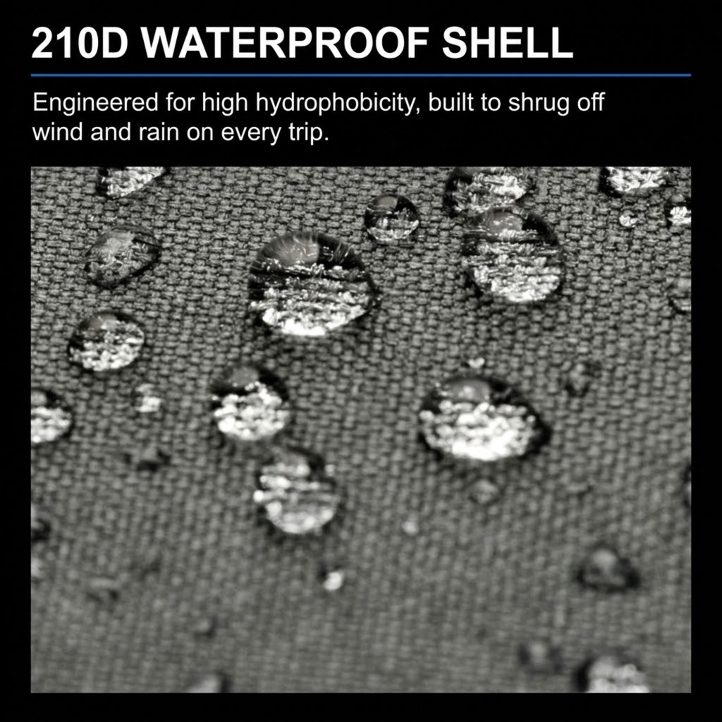 Text banner reading '210D WATERPROOF SHELL' above a close-up of a dark textured fabric surface with water droplets demonstrating water repellency.