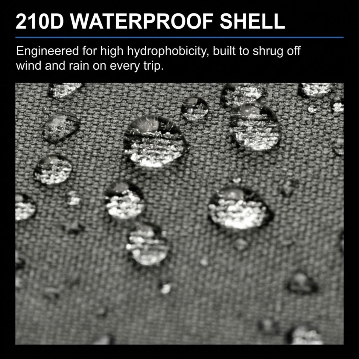 Text banner reading '210D WATERPROOF SHELL' above a close-up of a dark textured fabric surface with water droplets demonstrating water repellency.