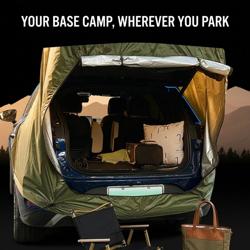 A car trunk extension tent in olive green and silver is shown set up behind a blue SUV, with camping gear including a folding chair, a suitcase, and a tote bag placed outside the open trunk. The text at the top reads 'YOUR BASE CAMP, WHEREVER YOU PARK'.