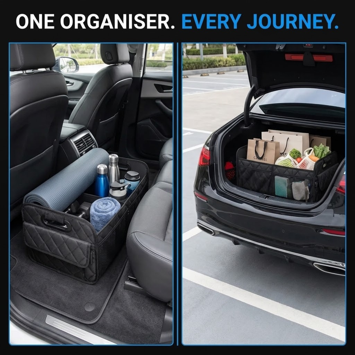 A car interior and trunk organizer shown in a split-screen demonstration. The left panel shows a black quilted storage organizer placed between the rear seats, holding a rolled mat and bottles.