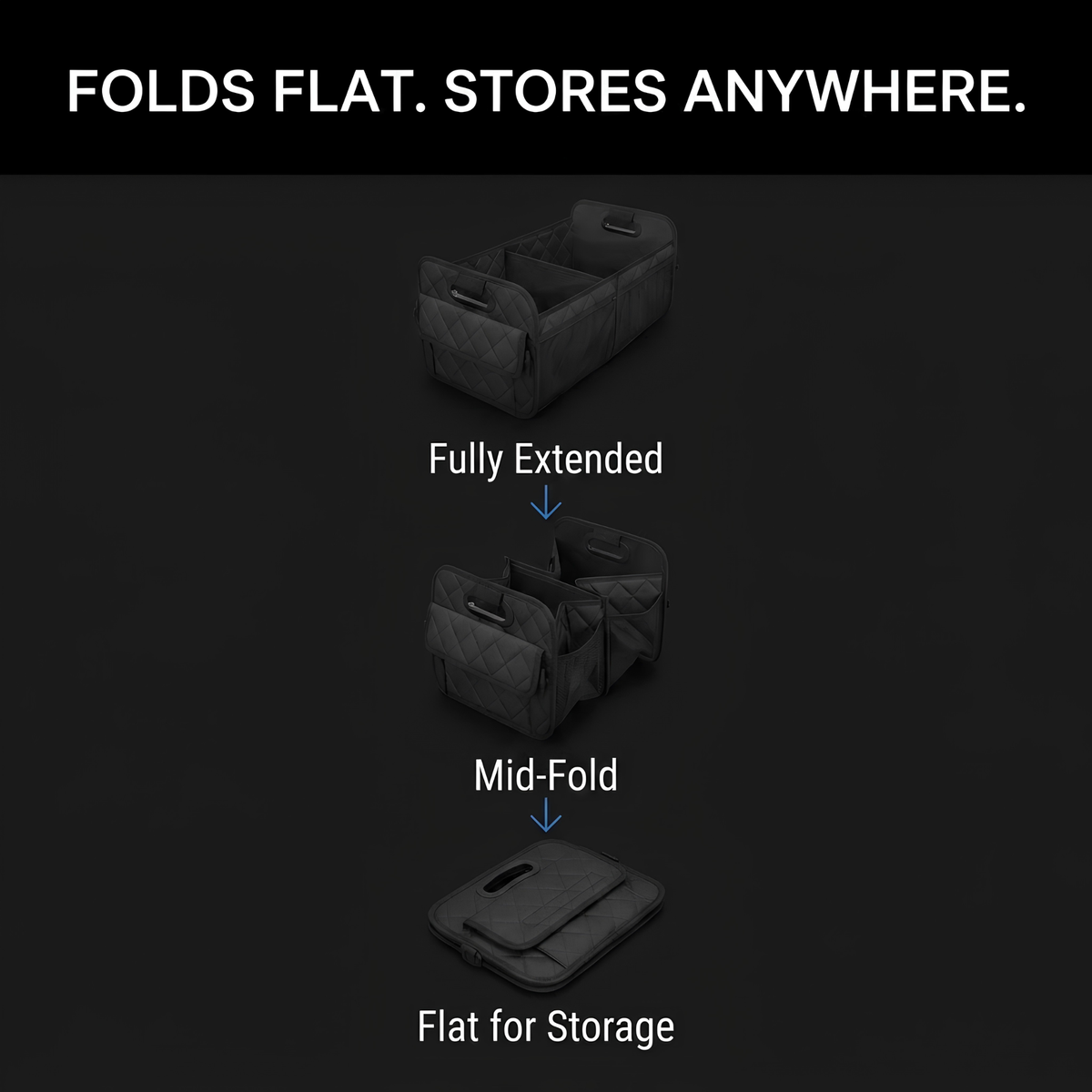 A black storage organizer shown in three folded states on a dark background, with text reading 'FOLDS FLAT. STORES ANYWHERE.