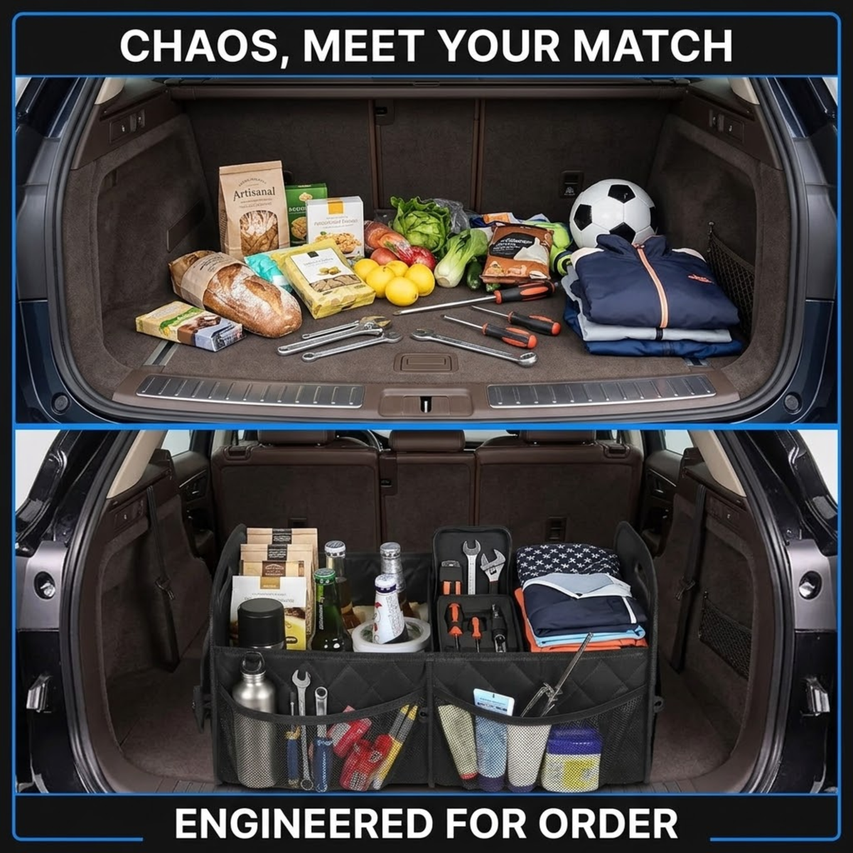 A two-panel product demonstration showing a black car trunk organizer bag hanging in the trunk of a vehicle. The top panel shows the trunk organized with groceries, a soccer ball, and folded clothes, while the bottom panel shows the organizer filled with various items.
