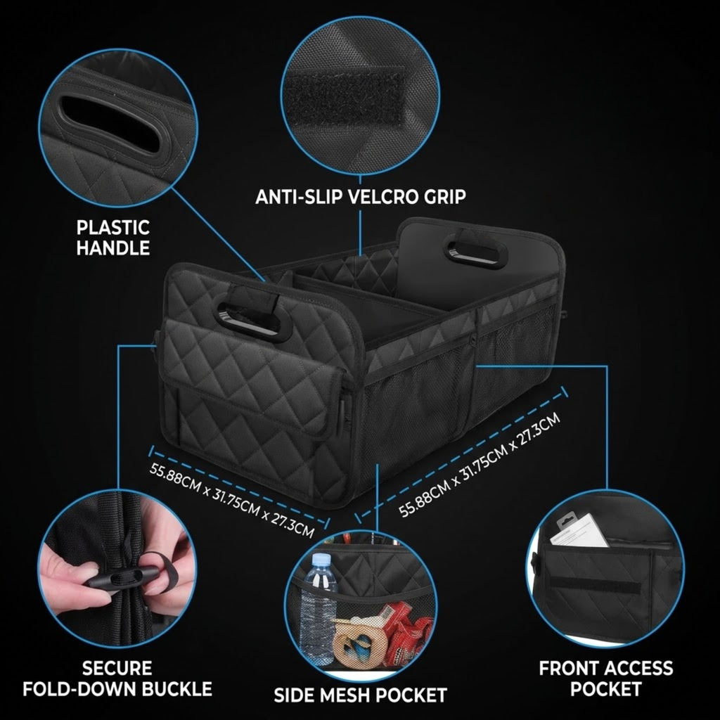 Black quilted utility bag with feature callouts on a black background, including plastic handle, anti-slip velcro grip, fold-down buckle, side mesh pocket, and front access pocket, with dimensions shown.