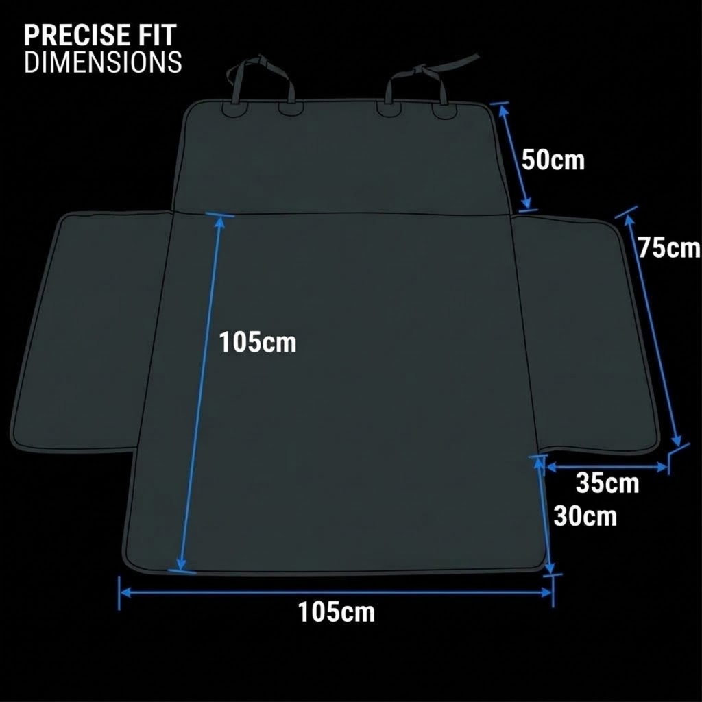 A dark gray pet car seat cover with dimension markings showing measurements in centimeters on a black background.