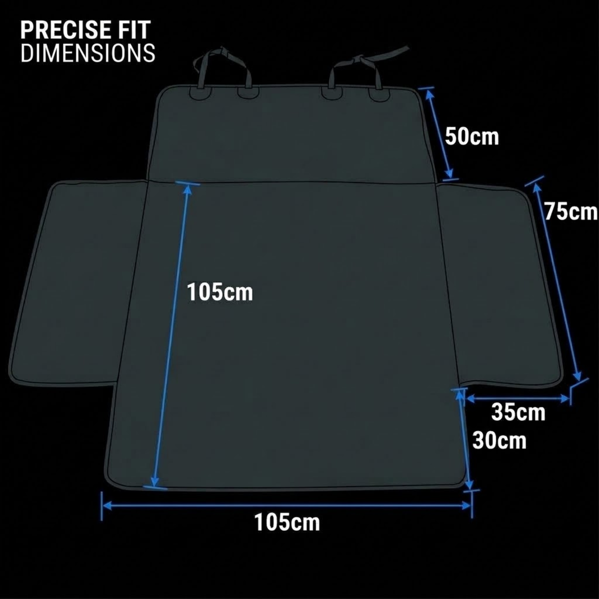 A dark gray pet car seat cover with dimension markings showing measurements in centimeters on a black background.