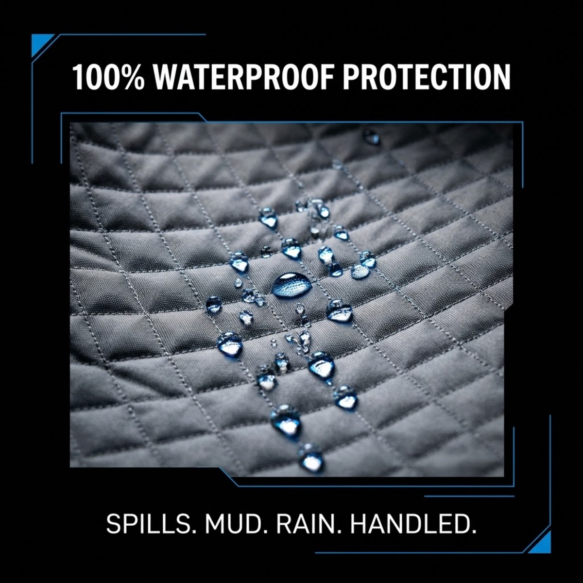 A close-up of a dark gray quilted fabric surface with water droplets beading on top, under the text '100% WATERPROOF PROTECTION' and 'SPILLS. MUD.