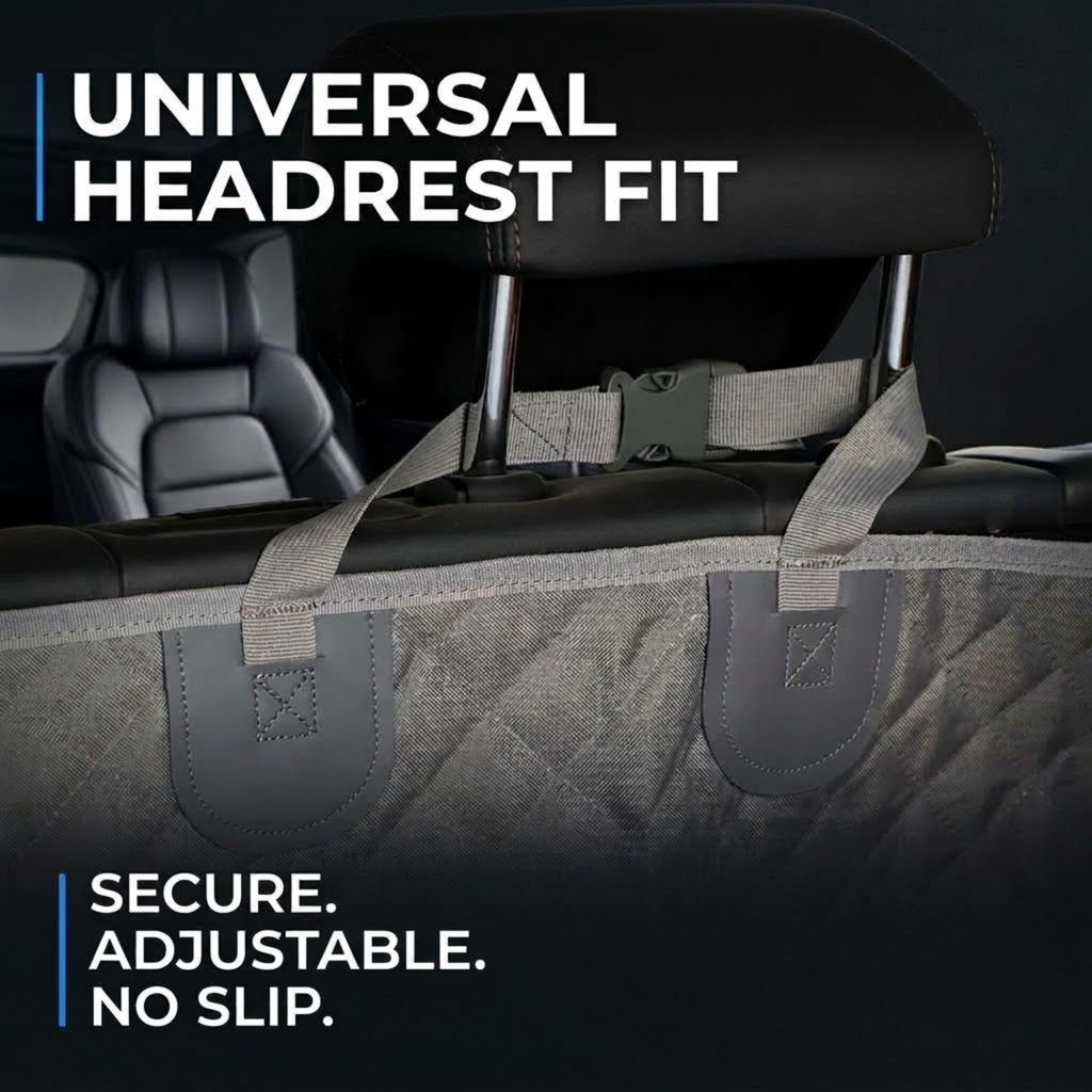 A padded car seat belt storage bag with gray quilted fabric and dark gray straps, shown installed across a black car headrest in a vehicle interior. White text reads 'UNIVERSAL HEADREST FIT' and 'SECURE.