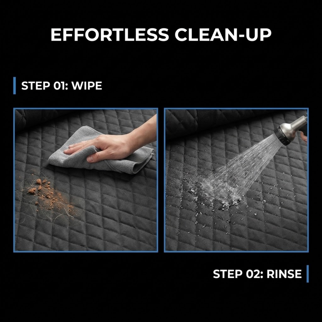 A black promotional graphic with the headline 'EFFORTLESS CLEAN-UP' and two inset demonstration panels showing a quilted dark mat being wiped with a cloth and rinsed with water. Text reads 'STEP 01: WIPE' and 'STEP 02: RINSE'.