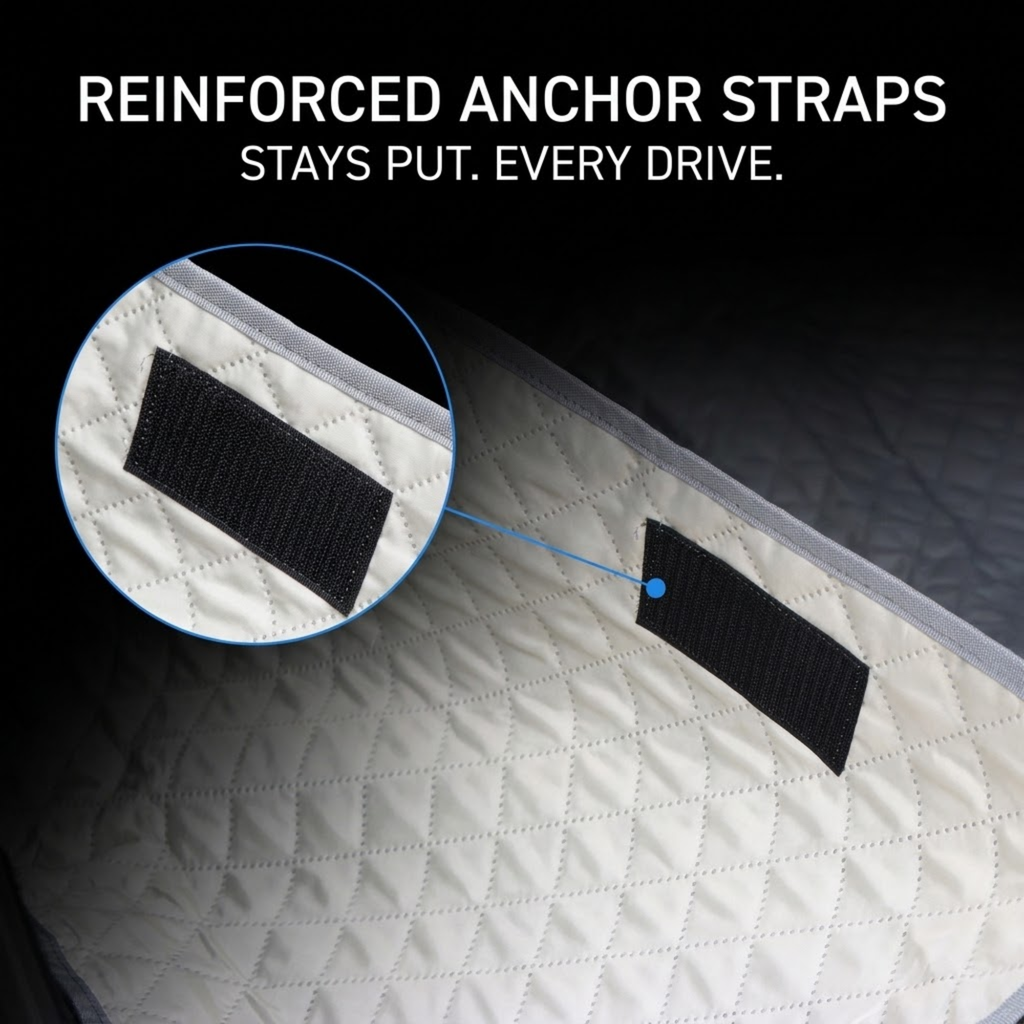 Close-up of a quilted white or light gray vehicle mat with black anchor straps and a circular inset showing the strap detail, with text reading 'REINFORCED ANCHOR STRAPS' and 'STAYS PUT. EVERY DRIVE.