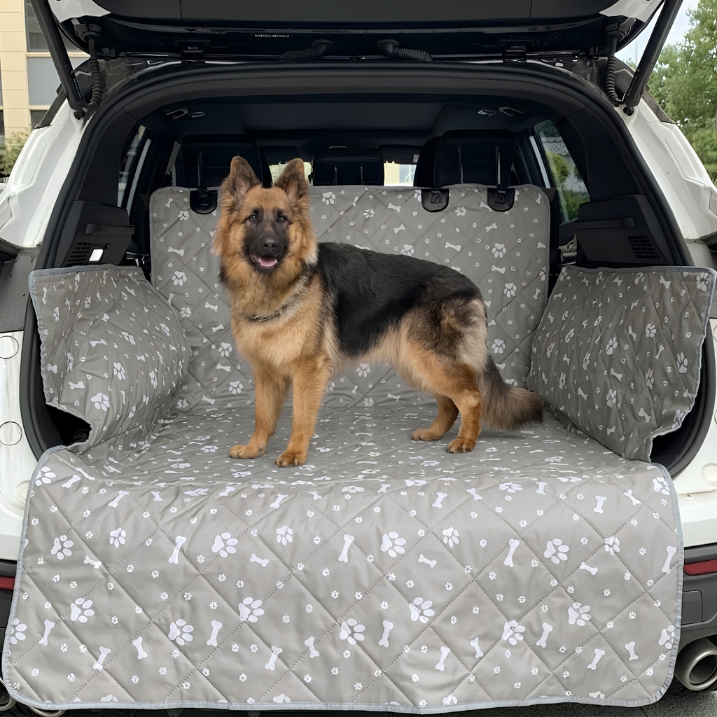 German Shepherd standing on a grey Waterproof Dog Cargo Liner fitted in an SUV boot with side wall flaps