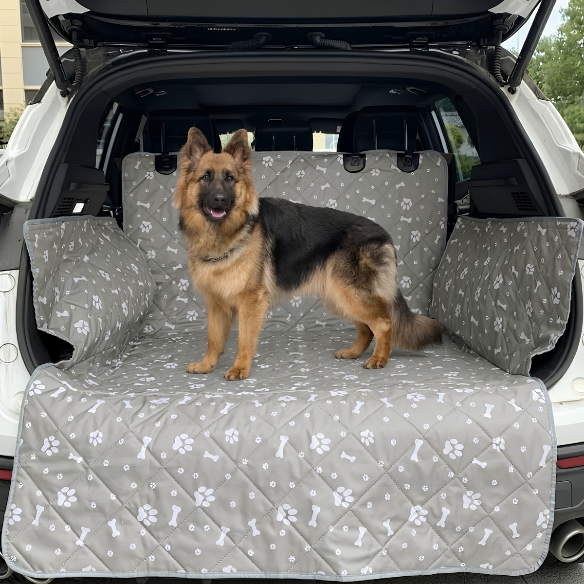 German Shepherd standing on a grey Waterproof Dog Cargo Liner fitted in an SUV boot with side wall flaps