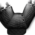 Black quilted waterproof dog seat hammock with side flaps and headrest straps on a white background