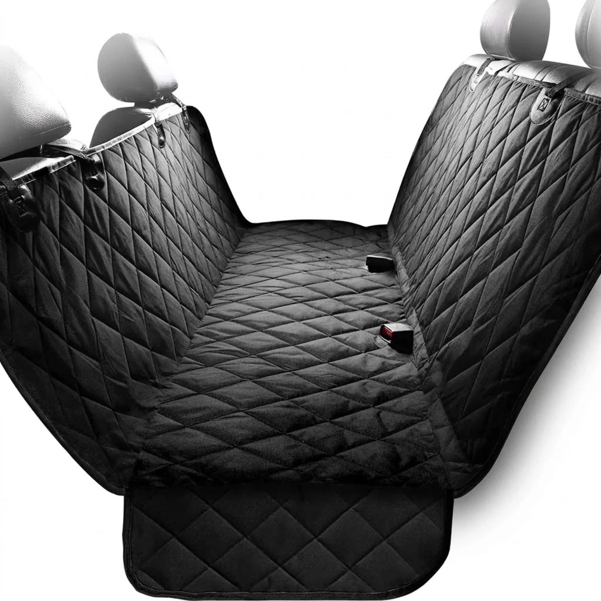 Black quilted waterproof dog seat hammock with side flaps and headrest straps on a white background