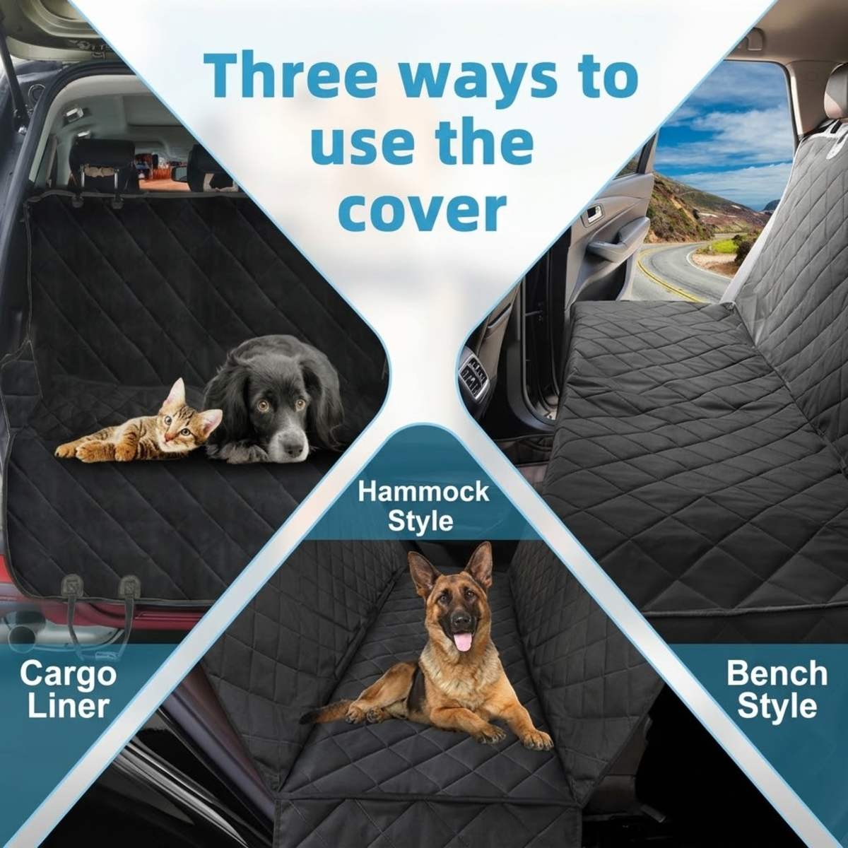 Waterproof dog seat hammock shown in three setups: hammock, bench seat cover and cargo liner with dogs and a cat