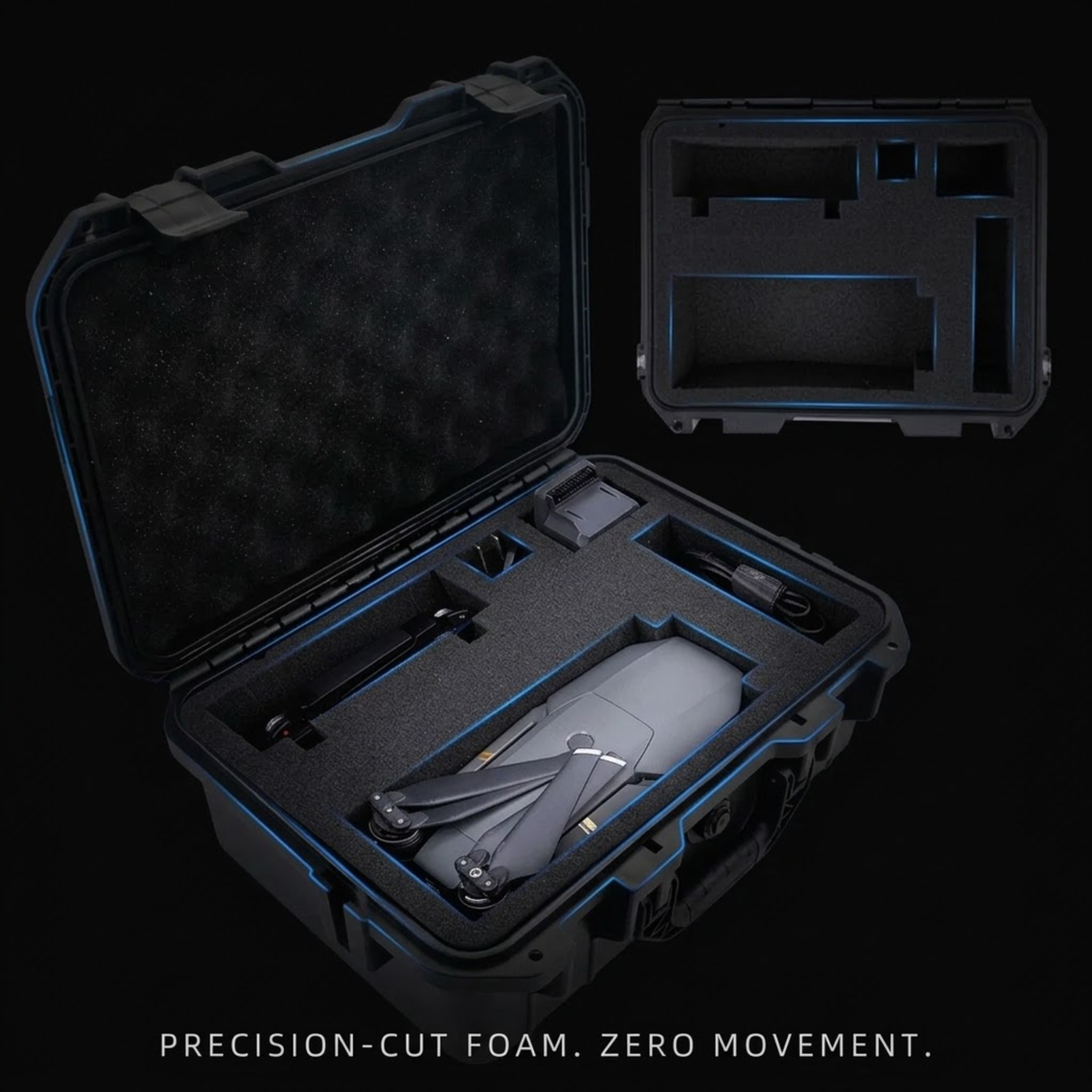 A black hard protective case shown open on a black background, with custom foam inserts and a gray drone placed inside. A smaller inset at upper right shows the closed case and foam layout.