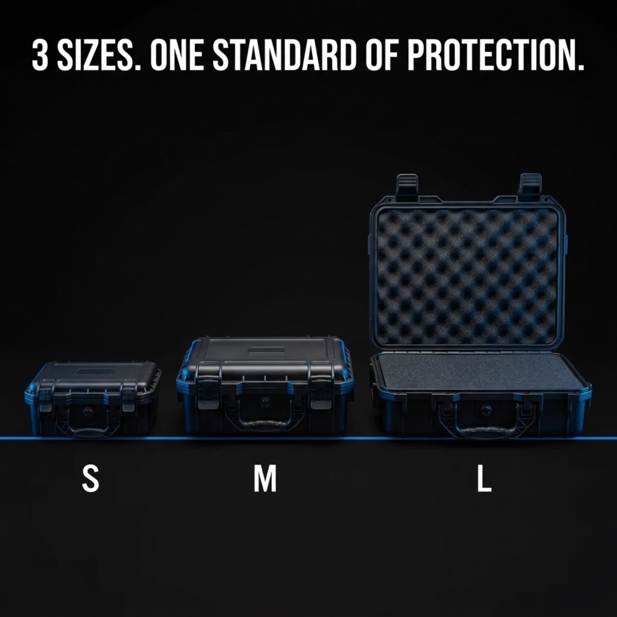 Three hard protective cases shown in size comparison on a black background, labeled S, M, and L. The top text reads '3 SIZES.