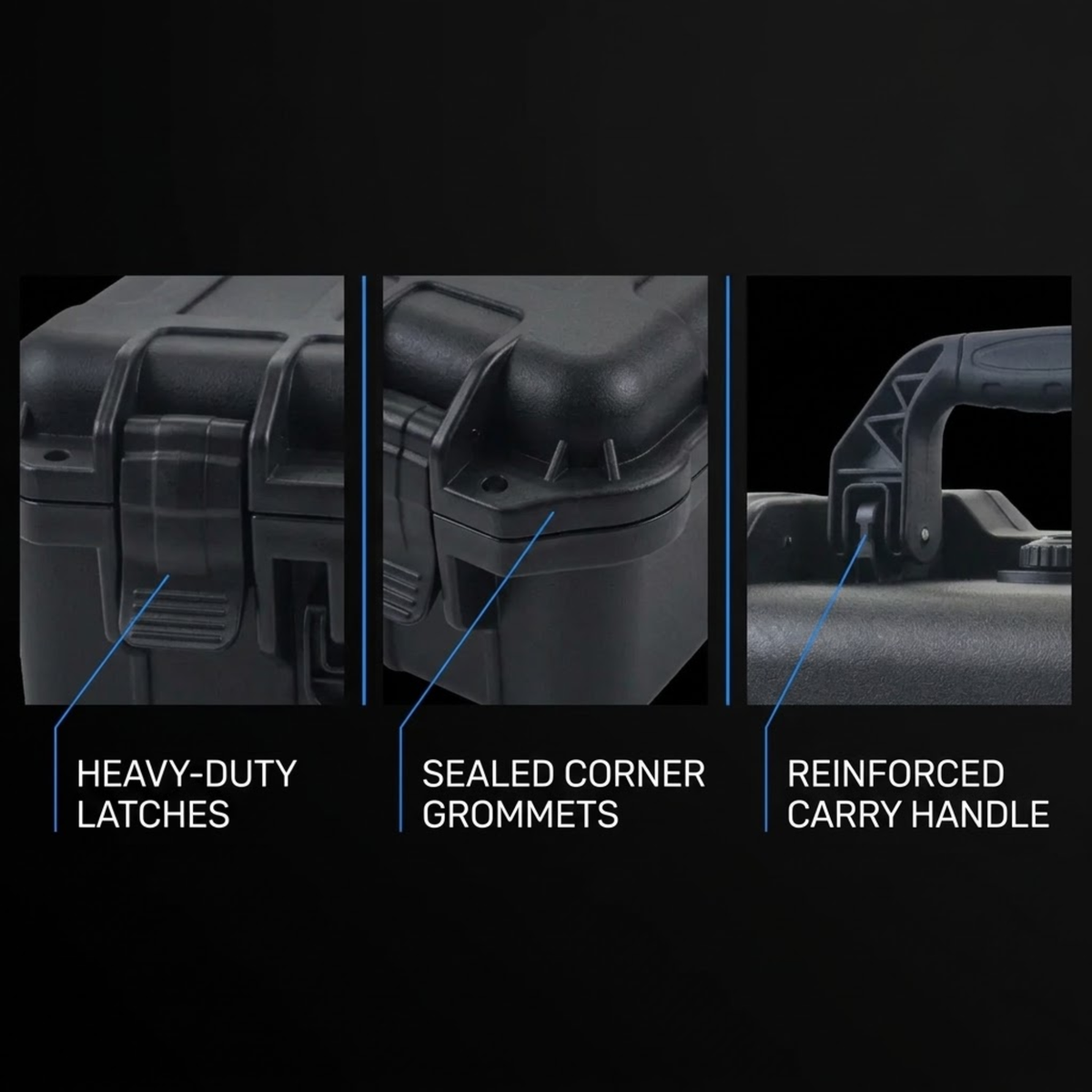 Three close-up feature panels of a black hard case on a black background, labeled Heavy-Duty Latches, Sealed Corner Grommets, and Reinforced Carry Handle.