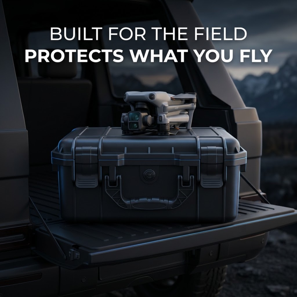 A rugged black hard case sits on the tailgate of a dark vehicle, with a folded drone resting on top. Large white text at the top reads, 'BUILT FOR THE FIELD PROTECTS WHAT YOU FLY.