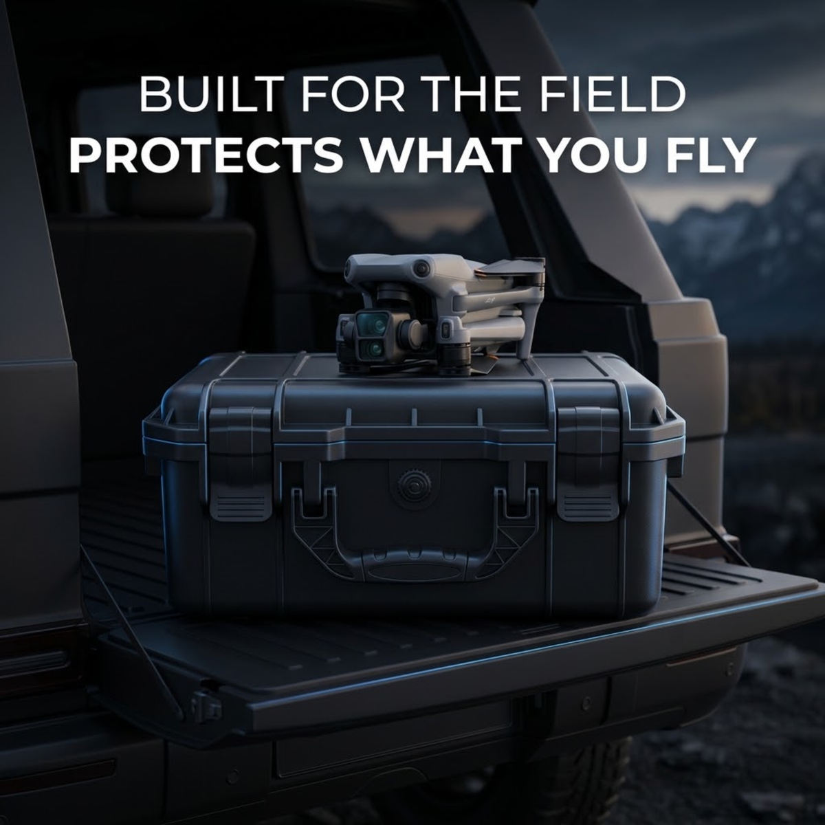 A rugged black hard case sits on the tailgate of a dark vehicle, with a folded drone resting on top. Large white text at the top reads, 'BUILT FOR THE FIELD PROTECTS WHAT YOU FLY.