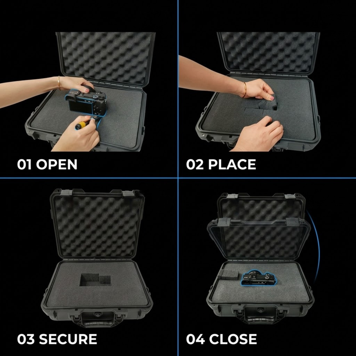 Four-panel instructional graphic showing a black hard protective case opened and used to store a small blue-and-black camera. Text labels read 01 OPEN, 02 PLACE, 03 SECURE, and 04 CLOSE on a black background.