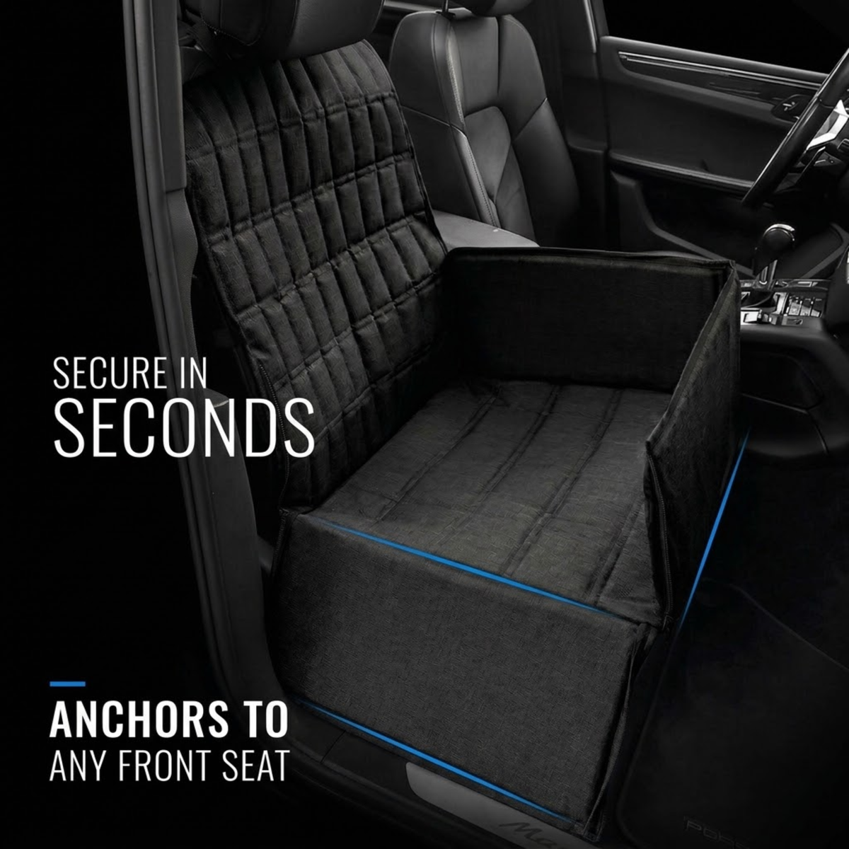A black car seat cover installed on a front seat inside a vehicle, shown with text overlays reading 'SECURE IN SECONDS' and 'ANCHORS TO ANY FRONT SEAT'.