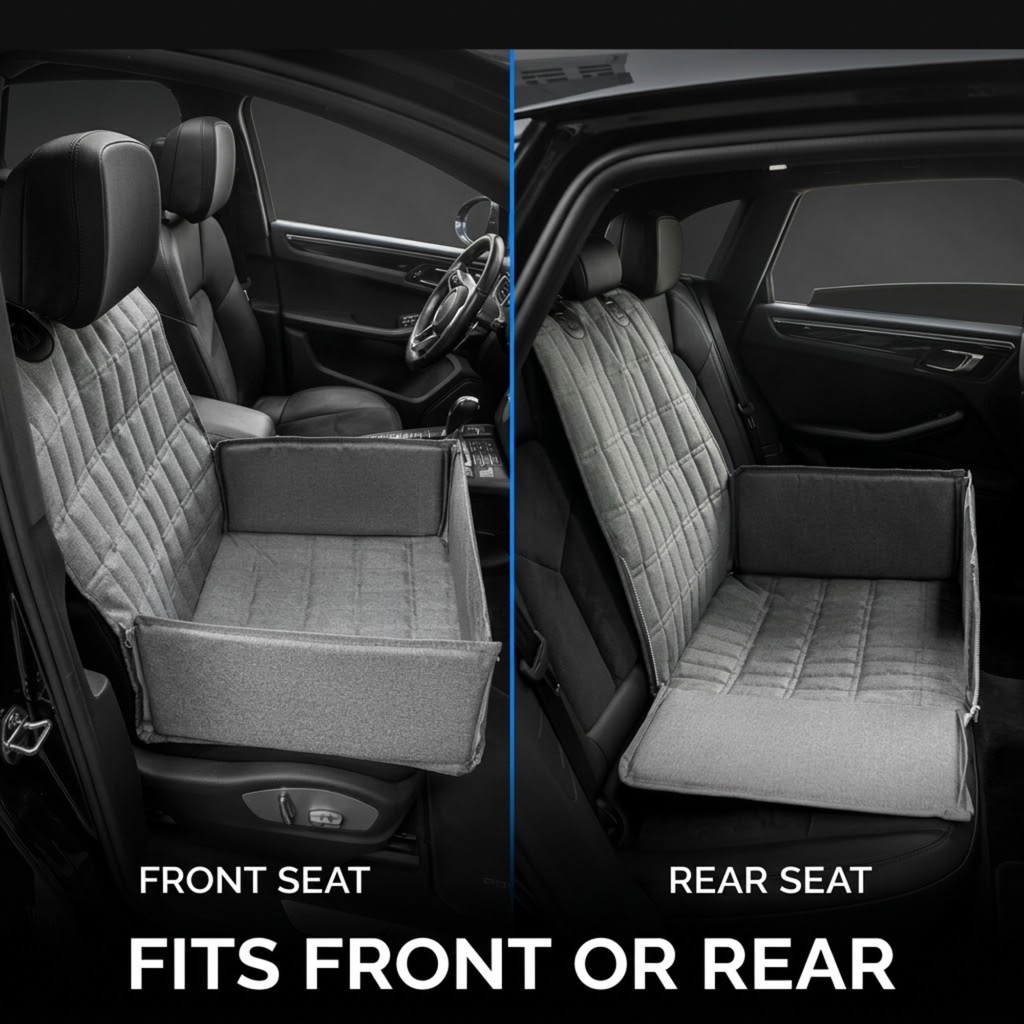 A car seat cover shown installed in both front and rear seats of a vehicle, with text reading 'FRONT SEAT', 'REAR SEAT', and 'FITS FRONT OR REAR'. The product is a quilted gray seat cover with a raised armrest.