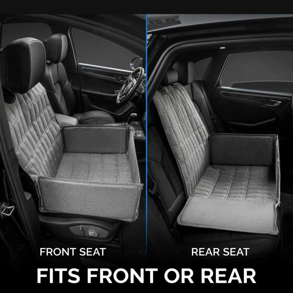 A car seat cover shown installed in both front and rear seats of a vehicle, with text reading 'FRONT SEAT', 'REAR SEAT', and 'FITS FRONT OR REAR'. The product is a quilted gray seat cover with a raised armrest.